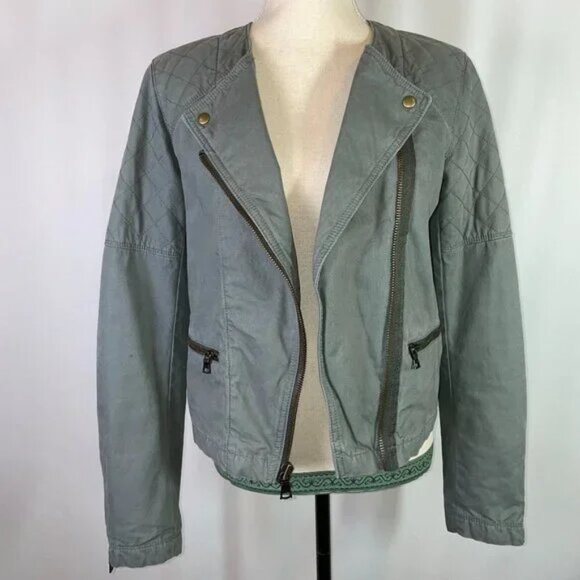 Gap Quilted Moto Flight Cropped Jacket Green Gray Zipper Details Size 8 - Picture 2 of 14